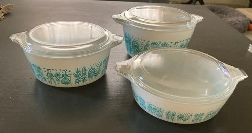 Pyrex VTG 5 Pc Turquoise Amish Butterprint Casserole Dish Set 470 C W/Lids