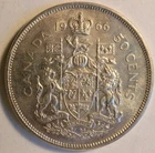 1966 Canadian 50 Cents .800 Silver Half Dollar Queen Elizabeth II - AU