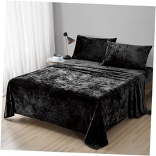 Distressed Velvet Sheet Set, 4 Pieces Ultra Soft, Warm Queen Black