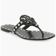 Tory Burch Size 10.5 Black Leather Studded Miller Thong Sandals Flip Flops
