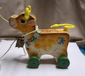 Vintage 1960s Fisher Price Bossy Bell Cow Wooden Pull Toy Bell Original wood htf