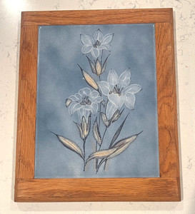Vintage Hand Painted Tile Art Trivet Wood Framed Cottagecore Blue White Floral