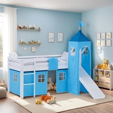 Lit mezzanine 90x200 d'enfant avec sommier toboggan tour rideau bleu Homestyle4u