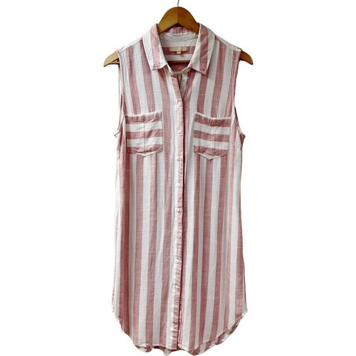 Coastal Cruise Preppy HOPE & HARLOW Striped Shirt Dress SZ 14 Pink White Preppy 