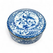 Andrea by Sadek Peacock Dish Blue White Floral 6" Porcelain Lidded Trinket Bowl