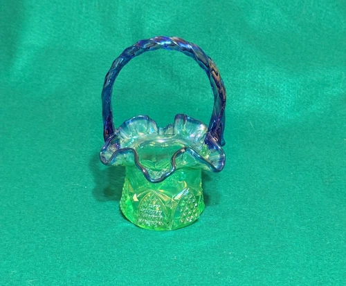 Fenton Glass Basket Button & Arch Green Carnival Cobalt Blue Handle w/ Box Vtg