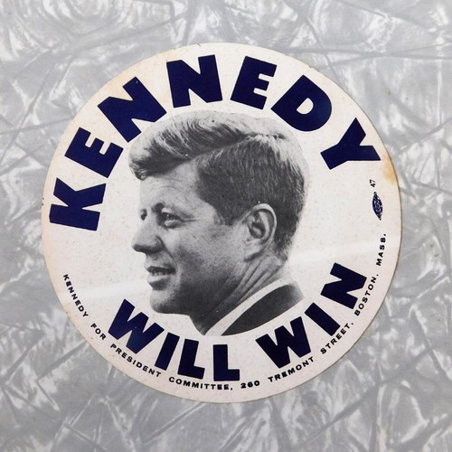 1960 JFK Kennedy Will Win 5" Lapel Badge union label Campaign Sticker unpeeled