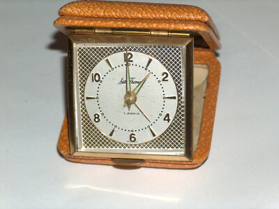 Seth Thomas 7 Schmuck Aufzieh Reisewecker mit / vergoldet Leder Etui Germany