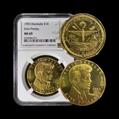 MARSHALL ISLANDS. 1993, 10 Dollars - NGC MS69 - Top Pop 🥇 Elvis Presley, Brass