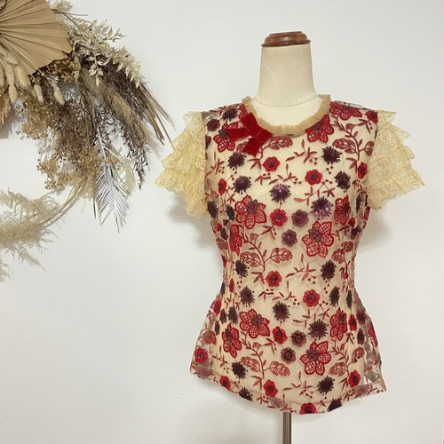 Kitten D'amour Floral Lace Top embroidery detail, frill, red sequin, size 10