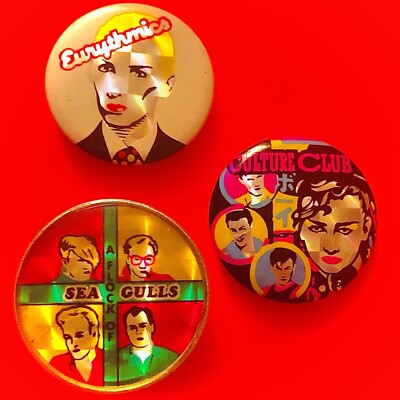 Lot 3 Vintage 80s Band Pins FLOCK OF SEAGULLS + CULTURE CLUB  EURYTHMICS Buttons