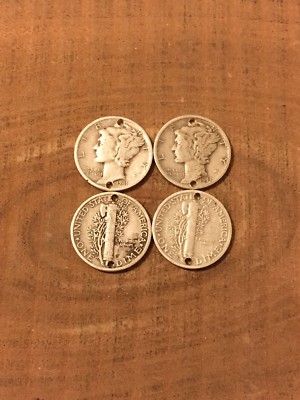 4 Holed MERCURY DIME Coins For Jewelry Or BRACELET-Buttons-90% Silver!