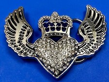 Rhinestone Covered Heart With Wings And Crown - Cutout Woman's Belt Buckle
