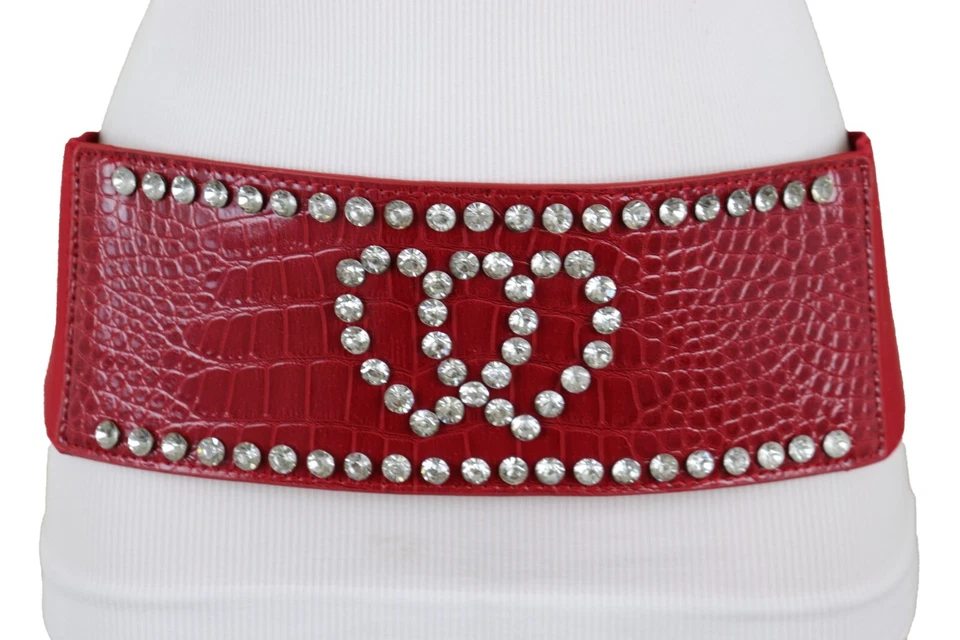 Mujeres Rojo Elástico Ancho Imitación Cuero Moda Cinturón Cintura Cadera Plateado Corazón Amor S M Foto 2 de 4