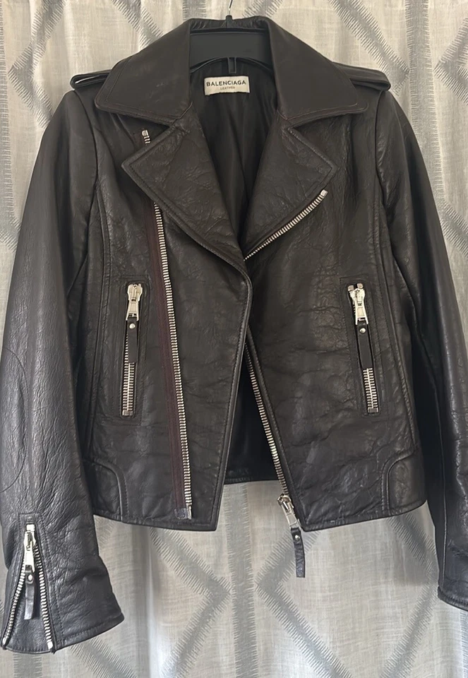 Chaqueta de Cuero Balenciaga Chaqueta Moto Genuina Marrón Oscuro Para Mujer FR 36 US 4 Foto 4 de 4