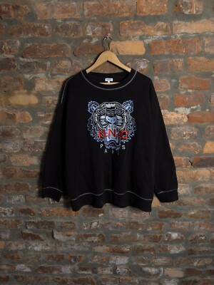 Kenzo Paris Tiger Men’s Logo Embroidered Crew Sweatshirt Black Pullover  Size L