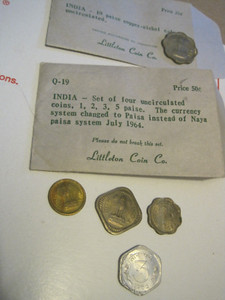 1964&1966 INDIA LOT OF 5 UNCIRCULATED 1/2/3/5&10 PAISE COINS-LITTLETON COIN CO