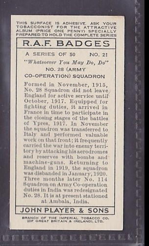 RAF BADGES - No. 28 Army Co-operation Squadron - 80 + year old UK Card # 21 - Picture 2 of 2