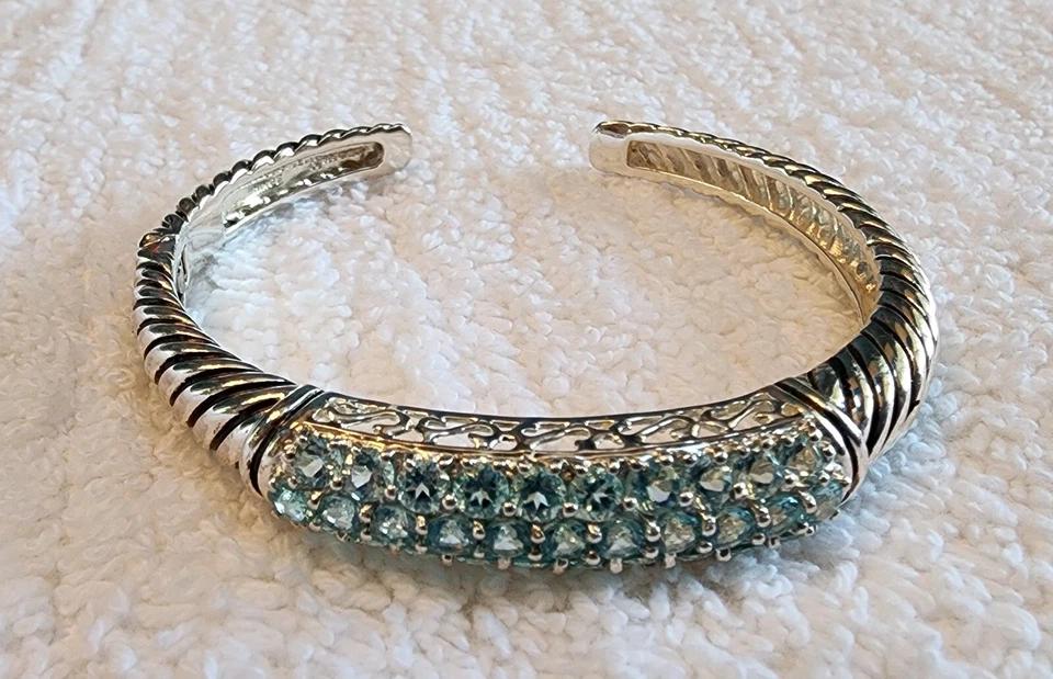 BLUE DIAMONIQUE CZ STAINLESS STEEL HINGED CUFF BRACELET - Image 2 of 4