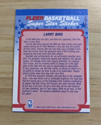 1988-89 Fleer #2 Larry Bird NBA HOF Boston Celtics Sticker - Picture 2 of 2