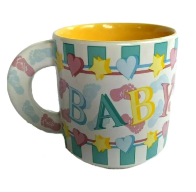 Vintage New Baby Mug Flowers Inc Balloons Footprints Hearts Stars Flat Handle