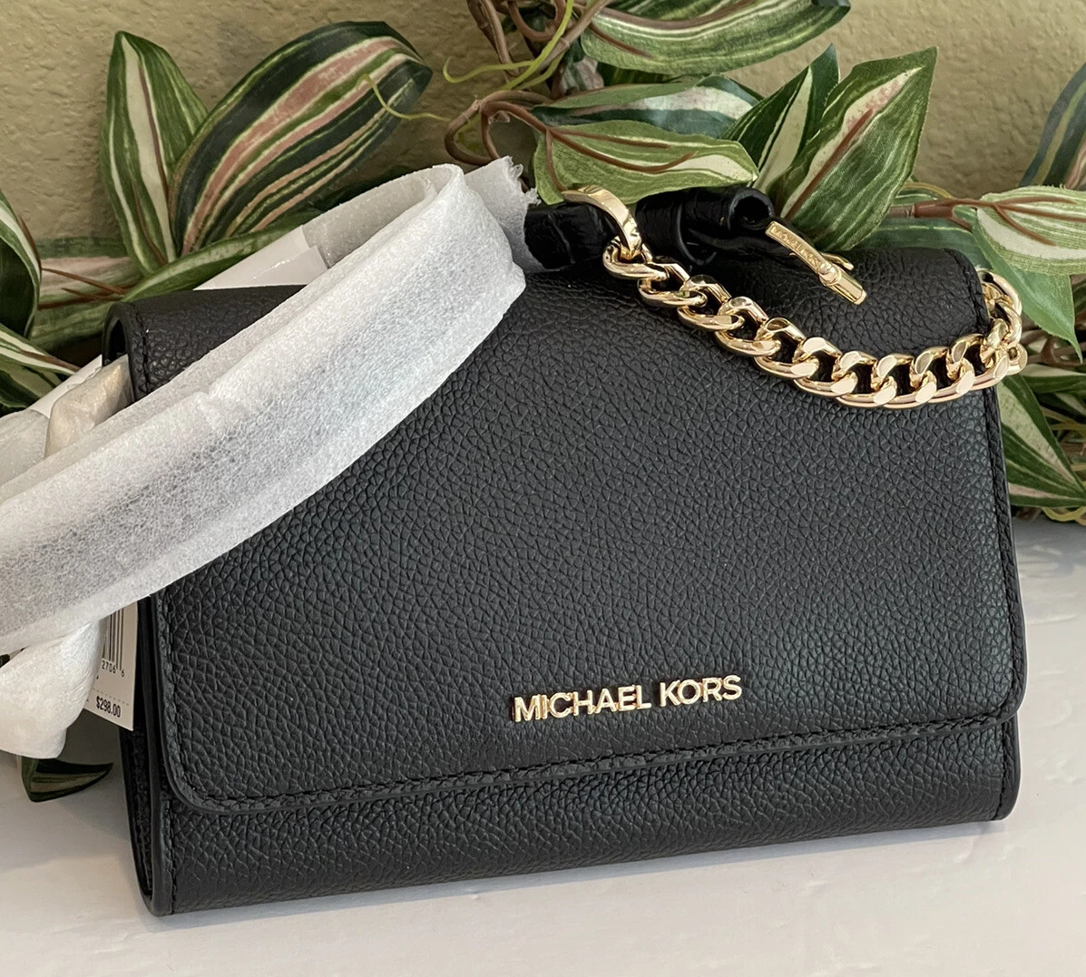 MICHAEL KORS JET SET TRAVEL PHONE CASE CHAIN CROSSBODY WALLET BLACK LEATHER  GOLD