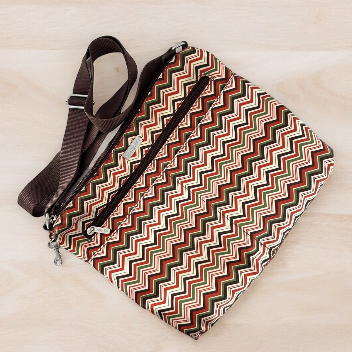Baggallini Brown & Green Chevron Stripe Nylon Crossbody 
