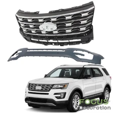 Set For Ford Explorer SUV 2016-2017 Chrome Front Bumper Cover&Upper Grille Grill
