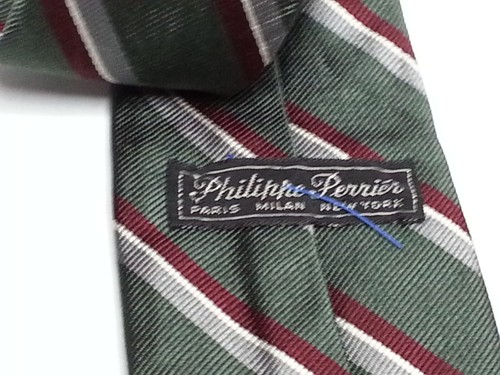 Philippe Perrier Men Silk Tie Green with White Red Stripes 3" wide 56" long - Picture 7 of 7