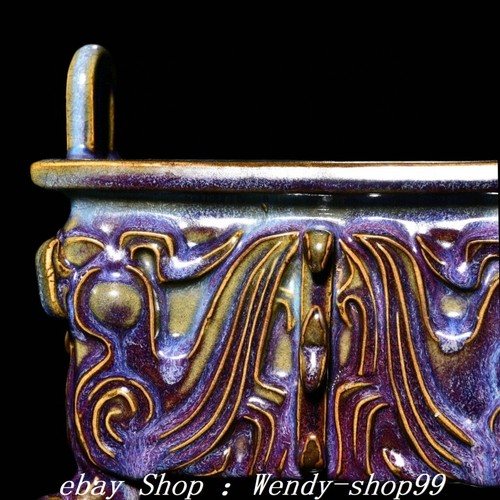 11'' Old Chinese Dynasty Jun Kiln Glaze Porcelain 2 Ear Incense Burner Censer - Picture 5 of 8