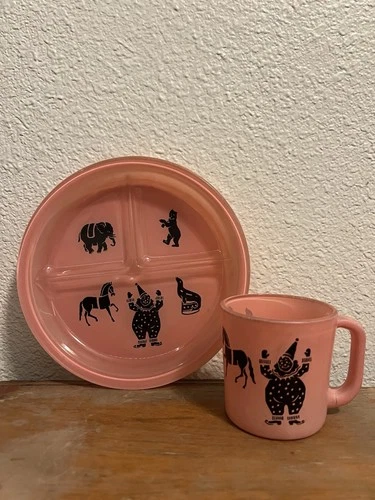 Vintage Hazel-Atlas Pink Milk Glass Child’s Plate And Mug Circus Pattern Set