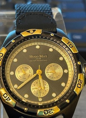 Vintage Hugo Max Eurodesign HM-630 Quartz Watch Black Gold Tone 18K Gold Plated