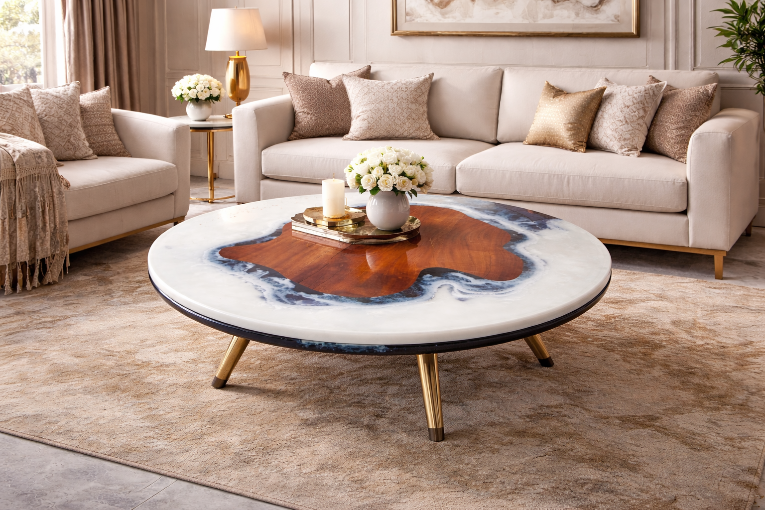 Round White Epoxy Wood Coffee & Tea Table Handmade Resin Ocean Hallway Furniture-image