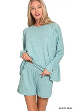 Zenana Soft Melange Long Sleeve Tee and Shorts Set