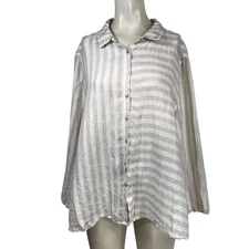 ST. TROPEZ - WOMEN'S XLARGE - BEIGE & TAN STRIPE 100% LINEN BUTTON TOP