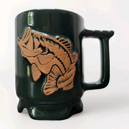 Frankoma Pottery 3D Bass Sportsman Fish Green Coffee Tea Mug Rustic Lodge USA