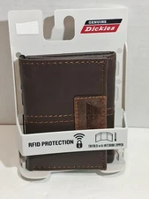 Dickies Genuine Leather Brown RFID Protected Stitched Trifold Zipper Wallet 