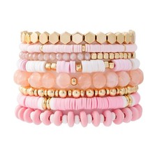 Surfer Heishi Clay Bead Bracelets for Women Bohemian Stackable Gold Beaded Stret