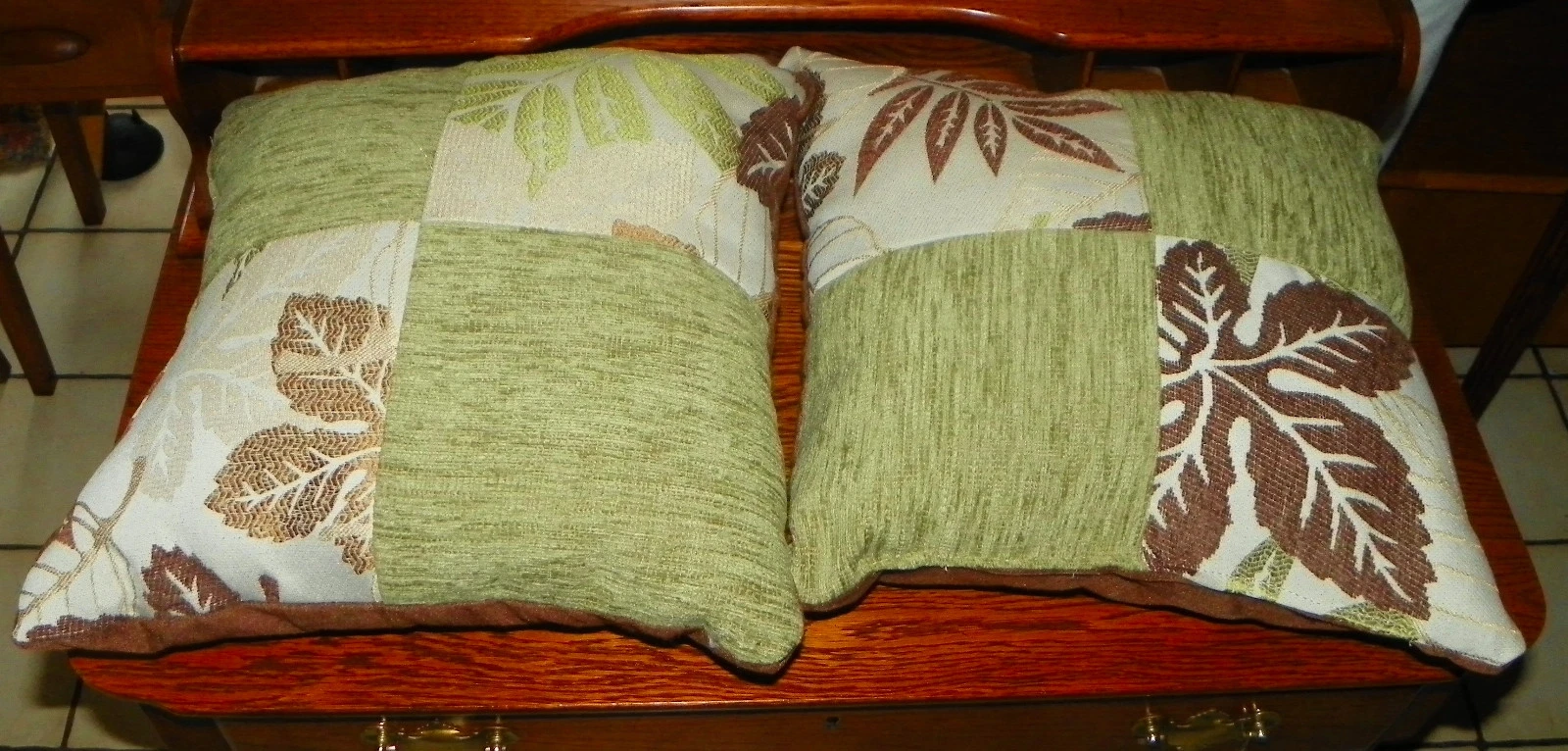 Pair of Green Brown Leaf Print Throw Pillows 16 x 16