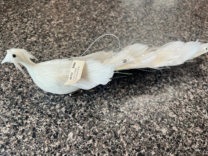 CHRISTMAS ORNAMENT WHITE PEACOCK WITH FEATHERS NEW