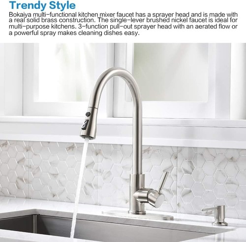 Lead-Free Brushed Nickel Kitchen Faucet with 360° Rotating Sprayer & Soap Pump - Picture 9 of 10