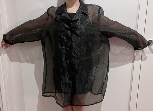 OVERSIZED VINTAGE CHIFFON METALLIC SHIRT DRESS BLACK WITH BELT - Picture 3 of 10