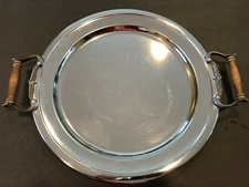 MCM ATAPCO Made in USA Metal-Chrome 13 3/8" Round Serving Tray With Wood Handles
