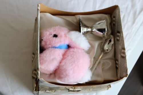 Yeoman Plate Silver Plated Egg Cup & Spoon with Pink Bunny Christening Set Gift - Picture 3 of 12