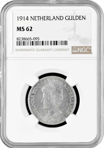 Netherlands 1 gulden 1914, NGC MS62, "Queen Wilhelmina (1890 - 1948)"