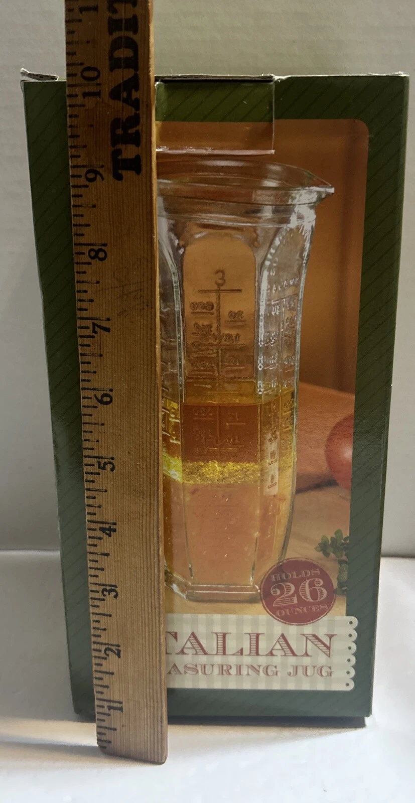 VTG Measuring Cup Italian Green Glass - Cups, Ounces & Milliliter w/Org. Box(R)