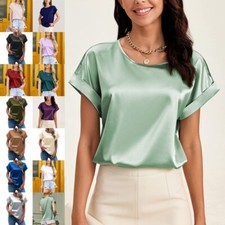 Womens Satin Silk Short Sleeve T Shirt Tops Ladies Casual Baggy Solid Tunic Tee