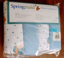 Receiving Blankets: Teddy Bear White  Blue Flannel 30"x40" Vintage New Sealed