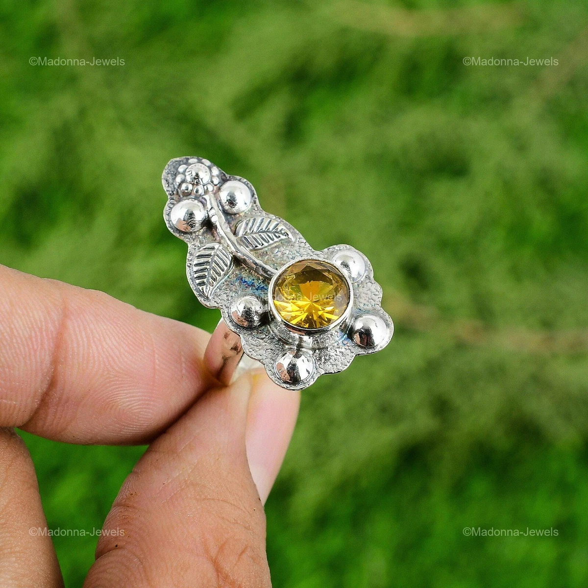 Natural Citrine Gemstone Promise Flower Adjustable Ring 925