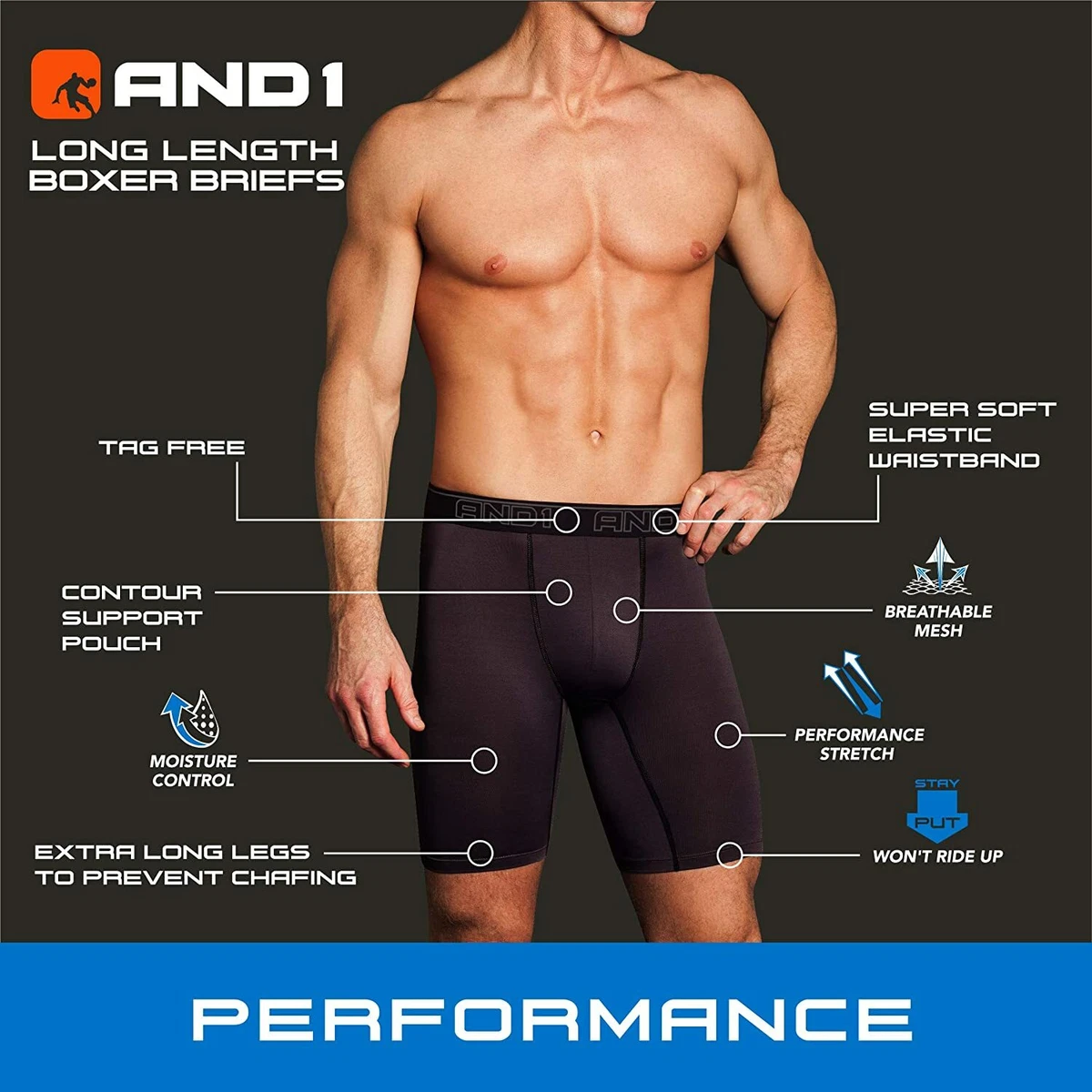 AND1 Men's Underwear – Long Leg Performance Compression Boxer Briefs (12  Pack)